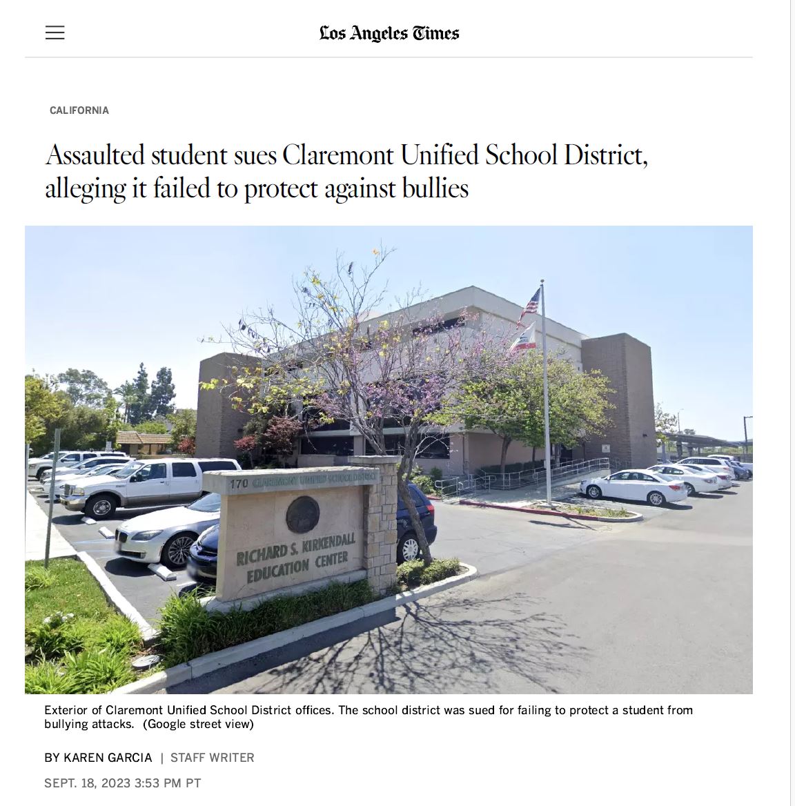 Los Angeles Times: Student Files Lawsuit Against Claremont Unified School District, Claims Inadequate Protection from Bullying Incidents